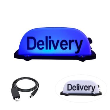 Imagem de FUNGNLY Luz de sinal de entrega recarregável por USB, sinal de luz de entrega para carro, placa de entrega de teto com magnético à prova d'água para placa iluminada no teto da cabine (AZUL)