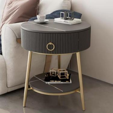 Imagem de Mesa lateral redonda, mesa de cabeceira, sofá com gaveta e prateleira aberta, mesas de cabeceira com estrutura de metal para sala de estar/quarto/espaço pequeno, cinza escuro, pés pretos