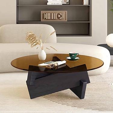 Imagem de Mesa de centro moderna de meados do século, parte superior de vidro de perna de madeira maciça, mesa central redonda contemporânea, mesa de coquetel para sala de jantar