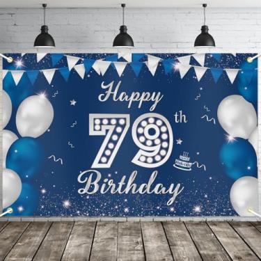 Imagem de JOYKY Banner de feliz aniversário de 79 anos, decoração de fundo azul prata feliz 79º aniversário para homens, suprimentos de aniversário de 79 anos, decoração de pano de fundo, 15 x 9 metros