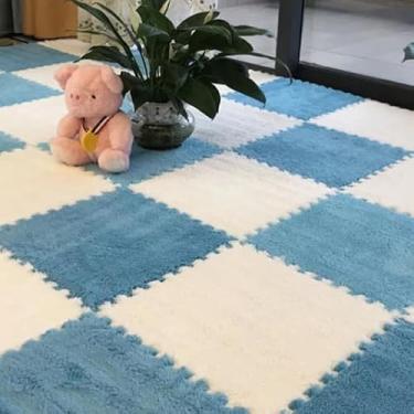 Imagem de Tapete EVA de Pelúcia Anti Derrapante, Tatame Tapete Eva Pelúcia Bebê Infantil (Branco e Azul Médio)