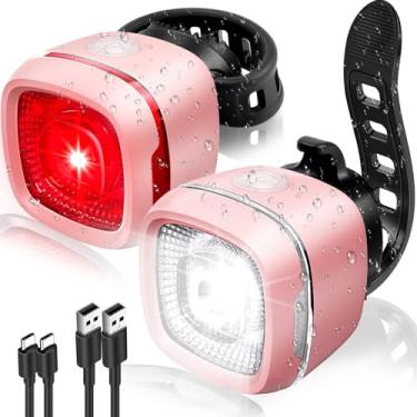 Imagem de Luz de bicicleta à prova d'água IPX6 de 5 modos 2024, recarregável tipo C, para andar à noite, 17 horas, luzes dianteiras e traseiras, lanterna traseira de farol para homens, mulheres e crianças