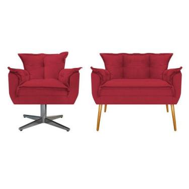 Imagem de Kit Namoradeira e Poltrona Opala Base Giratória de Metal Suede Vermelh
