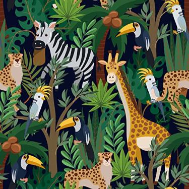 Imagem de Papel de parede de quarto de bebê CHIHUT 45 x 254 cm removível infantil papel de parede de desenho animado animal zebra leopardo girafa pássaro papel de parede autoadesivo folha de palmeira papel de