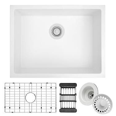 Imagem de MONSINTA Pia Kithcen branca, pias de cozinha com montagem inferior de 58,4 cm x 45,7 cm x 20,3 cm, pia de cozinha de pedra de quartzo composta de granito 58,4 x 45,7 cm com acessórios