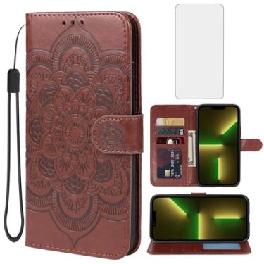 Imagem de Yodueiv Capa para iPhone 13 Mini, capa carteira para Apple 13 Mini de 5,4 polegadas com protetor de tela de vidro temperado, alça de pulso de couro PU mandala com compartimentos para cartões, capa