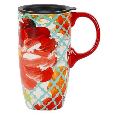 Imagem de DUSVALLY Caneca de café de cerâmica com tampa e alça, xícara de café com leite de porcelana para viagem, para aposentadoria, inauguração de casa e formatura, 500 ml, flor vermelha