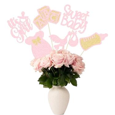 Imagem de Gyufise 12 peças de palitos de centro de mesa de chá de bebê com glitter, macacão de gravata Oh Baby Gender Reveal It's a Girl Table Centerpiece Sticks para chá de bebê, revelação de gênero,
