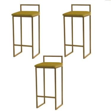 Imagem de Kit 3 Banquetas Altas Estofadas Suede Pietra Base Dourada - JOTABE, am