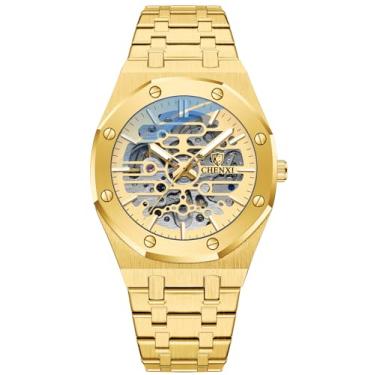 Imagem de Verhux Relógios de pulso automáticos masculinos esqueleto dourado, mecânico, clássico, original, de aço inoxidável, à prova d'água, preto, prateado, Relógios masculinos de ouro 8848