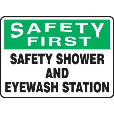 Imagem de Accuform MFSD947VS Placa adesiva de segurança de vinil, legenda "Safety First Safety Shower and Eyewash Station", 17,8 cm de comprimento x 25,4 cm de largura x 0 cm de espessura, verde/preto em branco