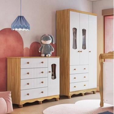 Imagem de Quarto Infantil com Guarda-Roupa 3 Portas e Cômoda com Janelas 100% MDF Lana Espresso Móveis Branco Brilho/Amêndoa