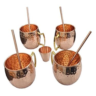 Imagem de Adonai Hardware Conjunto de canecas Moscow Mule de cobre puro martelado com 4 canudos e 1 jigger (cobre natural)