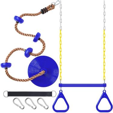 Imagem de Hungdao 2 Set Gym Ring Trapeze Swing Bar and Climbing Rope with Platforms Disc Heavy Duty Coated Chains Seat Accessories for Outdoor Indoor Playground Backyard(Blue)