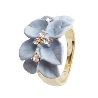 Imagem de Navachi Anel de flor de folhas de esmalte de cristal transparente banhado a ouro 18 k, 10, Esmalte de zinco, Cristal