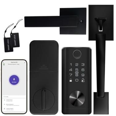 Imagem de SICNAOPW Conjunto de fechadura de porta WiFi com teclado inteligente de impressão digital sem chave com alça, conjunto de fechadura biométrica eletrônica digital de entrada frontal, preto