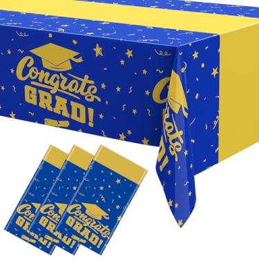 Imagem de Oudain 3 peças de toalha de mesa retangular descartável para formatura de 137 x 273 cm, decoração de festa de graduação para faculdade (azul-marinho, faixa única)