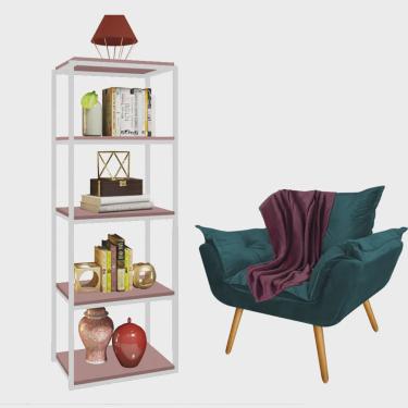 Imagem de Kit Poltrona Fatte com Manta Soft Bordô e Estante Livreiro Ferro Branco mdf Rose Suede Azul Turquesa - Ahz Móveis