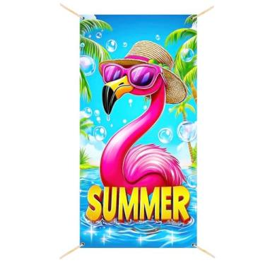 Imagem de BlissYard Capa de porta de verão 188 x 89 cm Flamingo Havaiana Banner Tropical Aloha Bandeira de Porta Bonito Flamingo Praia Festa Rosa Decoração Pano de Fundo para Decoração de Escritório em Casa