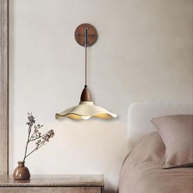 Imagem de Luminária de parede ajustável de madeira Wabi-Sabi japonesa, com fio de suspensão, para quarto, cabeceira, 7W, base em três tons, para parede de fundo, corredor, escadas, hotel (marrom)