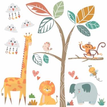 Imagem de Decalques de parede de árvore grande decoração de berçário de bebê com adoráveis adesivos de girafa elefante macaco - lindo design boho DKX616