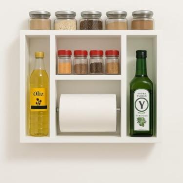 Imagem de Organizador de Parede para Cozinha 60X60CM Branco com Suporte para Papel Toalha e Prateleiras para Temperos e Condimentos 3 Compartimentos