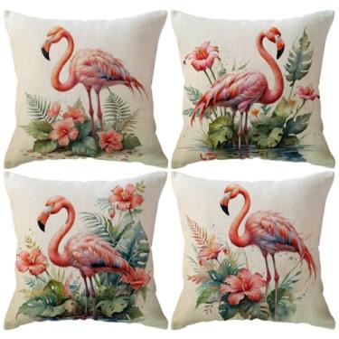 Imagem de ULOVE LOVE YOURSELF Pacote com 45,72 cm x 45,72 cm de capas de almofada de flamingo com design tropical floral de hibisco (Rosa/Verde)