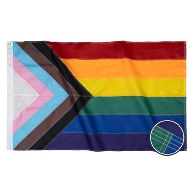 Imagem de Flagolden Bandeira Progress Pride 0,9 x 1,5 m listras costuradas bandeiras progressivas arco-íris para LGBTQ gay lésbica bissexual transgênero cor vívida resistente faixa tudo incluído mês do orgulho