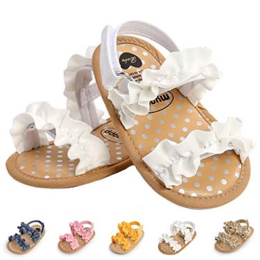 Imagem de Ohwawadi Sandálias para bebês meninos meninas sola macia verão vestido de casamento sapatos rasos sandália praia recém-nascido berço sapatos primeiros andadores, A10/Branco, 12-18 Meses