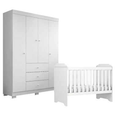 Imagem de Berço Americano Mini Cama Mel com Guarda Roupa Duda 4 Portas Branco Brilho - Phoenix Baby