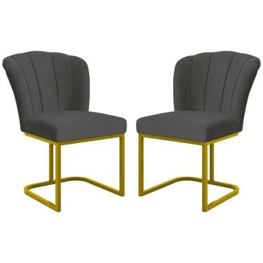 Imagem de Kit 2 Cadeira Poltrona Flor Pés Metal Dourado Mesa Jantar Cozinha Cinza