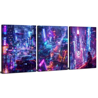 Imagem de Neon Tokyo City Posters Cyberpunk Decor Anime Wall Art for Boys Bedroom Futurista Street Pop Purple Night Cityscape Picture Canvas Arte Moderna Sala de Estar Escritório Sala de Jogos Decoração de Casa