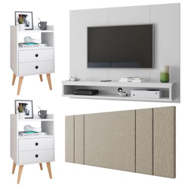 Imagem de Painel Suspenso TV 50 Polegadas Cissa Kit 2 Mesinhas Quarto Gaveta Nicho Branco Cabeceira Estofada Cama Box Casal Luana1,40 Bege Linho - rpm