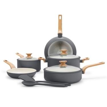 Imagem de GreenPan Conjunto de panelas e frigideiras Rio Essence Wood com 10 peças, cerâmica saudável, antiaderente, revestimento livre de PFOA e PFAS, indução, tampas de aro de silicone, alças de madeira que