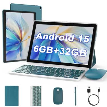 Imagem de Tablet Android 15 de 10 polegadas, tablet 2 em 1 com teclado, 6 GB de RAM + 32 GB de ROM, compatível com tablets expansíveis de 1 TB, CPU quad-core, tela HD, BT, WiFi, tablets de longa duração da