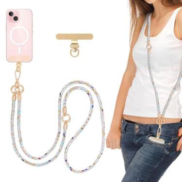 Imagem de Alça de telefone de cristal transversal com strass antifurto alça em camadas transversal com fivelas metálicas douradas gola para celular para mulheres (cor )