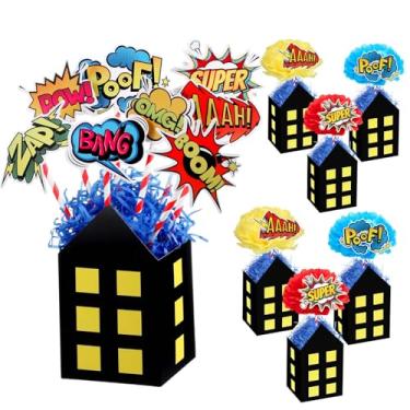 Imagem de Soulchen 6 Sets 121 Pcs Hero Themed Party Centerpieces Party Decorations 3D Table Toppers with City Boxes Tissue Pom Poms Sound Effect Cutouts Straws Raffia for Shower Birthday Decor