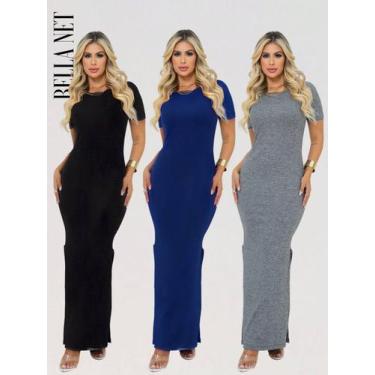 Imagem de KIT 3 Vestidos Longos com Fenda Lateral Manga Confortável Canelado Pre