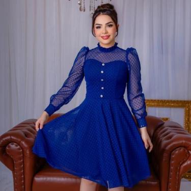 Imagem de Vestido Midi com Manga Longa Tule Poa com Botões - Vestidos de Festa, 