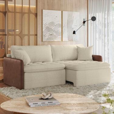 Imagem de Sofá Cama Retrátil e Reclinável 3 Lugares 234cm Belmopã Espresso Móveis Linho Bege/Sintético Marrom Escuro