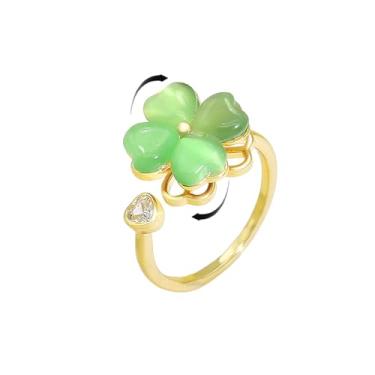 Imagem de Dtja Anel giratório de trevo de coração para mulheres banhado a ouro ajustável cristal amor verde olho de gato trevo flor folha anel de ansiedade envoltório aberto anel de ansiedade ajuste confortável