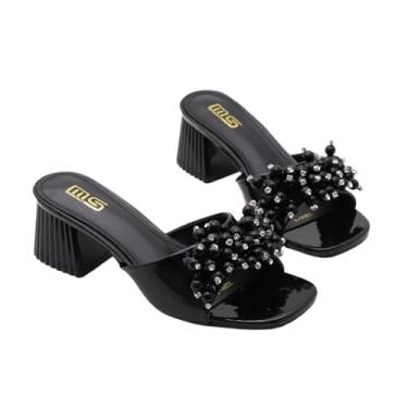 Imagem de FIFILAPIN Sandália feminina de salto grosso pérola sem cadarço moderna bico quadrado simples verão confortável salto bloco chinelos de formatura casual noite festa sandálias, Preto, 38