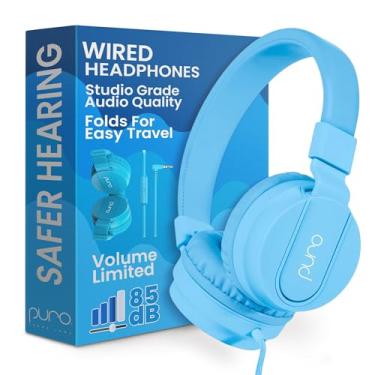 Imagem de Fone de ouvido com fio e limitação de volume PuroBasic para crianças, meninos, meninas 2+ Head Phone dobrável e ajustável e microfone embutido, compatível com iPad, iPhone, Android, PC e Mac - da Puro Sound Labs, azul