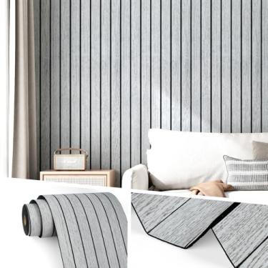 Imagem de Wallercity Painéis de parede de madeira falsa cinza claro painel de parede de madeira autoadesivo painel de parede de grão de madeira para sala de estar fundo de TV 30,5 cm x 508 cm