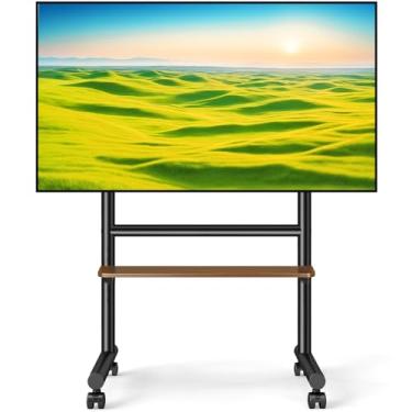 Imagem de 5Rcom Suporte de TV com rodinhas para TVs planas/curvas de 101.6-218.4 cm, suportes de TV de chão com altura ajustável para até 68 kg, carrinho de TV móvel com prateleira de madeira, VESA máximo 600 x