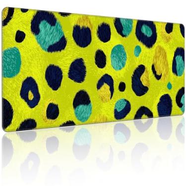 Imagem de KOBWOPI 90 x 40 cm, 2GG, tapete de mouse grande para mesa, mouse pad estendido para escritório de computador, mouse pad grande com bordas costuradas, PC para jogos - estampa abstrata de leopardo verde
