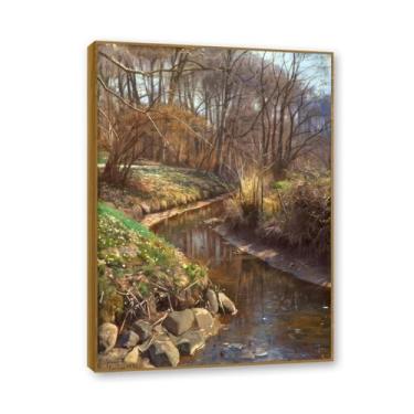 Imagem de Moldura externa de teca. Famosas pinturas a óleo (paisagem 16) por Peder Mork Monsted, reprodução impressa em tela, arte de cenário para decoração de sala de estar. 60 x 84 cm - 23,6 x 33,1 pol