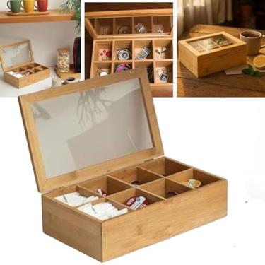 Imagem de Caixa Organizadora de Chá e Café com 8 Divisórias, Tampa de Acrílico, Multiuso- Organização Elegante para Cozinha ou Escritório - armazenamento de especíarias, chás e temperos Bambú sustentável