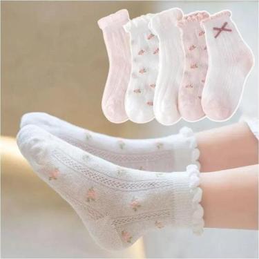 Imagem de Meias de Algodão para Crianças - 5 Pares, Flores, Cores Sólidas - Verã