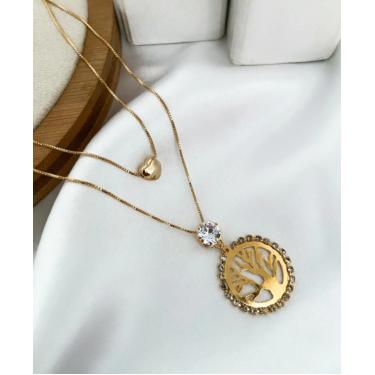 Imagem de Colar duplo  banhado ouro cristal cordão gargantilha arvore da vida